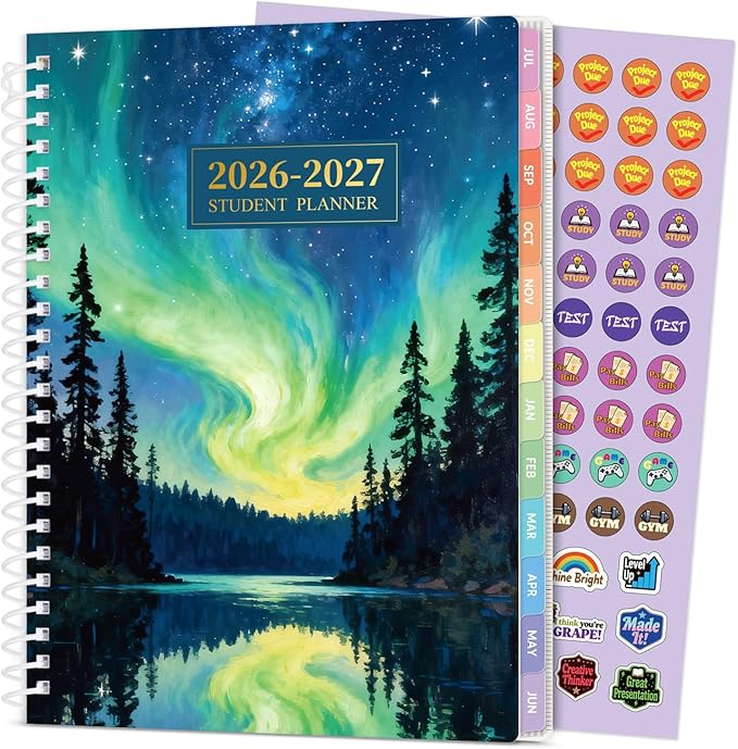 Student Planner 2026-2027, SUNEE Middle or High School Datebooks Student Planner for Academic Year Jul. 2026 - Jun. 2027, 6.5" x 8.3" Lesson Plan Book with Bookmark, Planning Stickers, Aurora Sky
