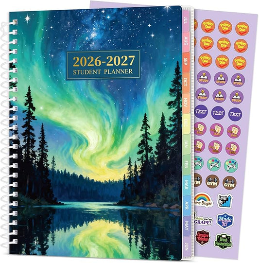 Student Planner 2026-2027, SUNEE Middle or High School Datebooks Student Planner for Academic Year Jul. 2026 - Jun. 2027, 6.5" x 8.3" Lesson Plan Book with Bookmark, Planning Stickers, Aurora Sky