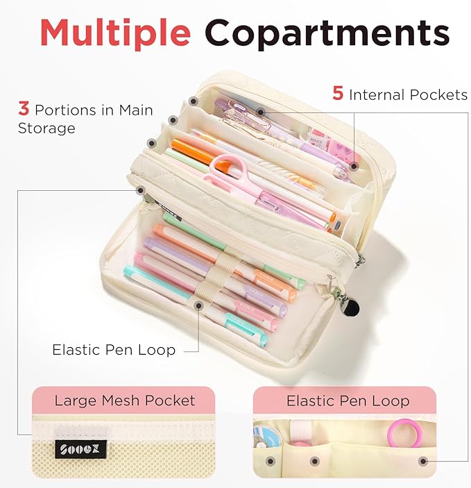 Sooez Large Pencil Case Pouch,Extra Big Pencil Bag with 8 Compartments,Pen Bag Wide Opening,Soft Quilted Pencil Pouch Organizer with Zipper,Portable Pencil Case for Teen Girls,Beige