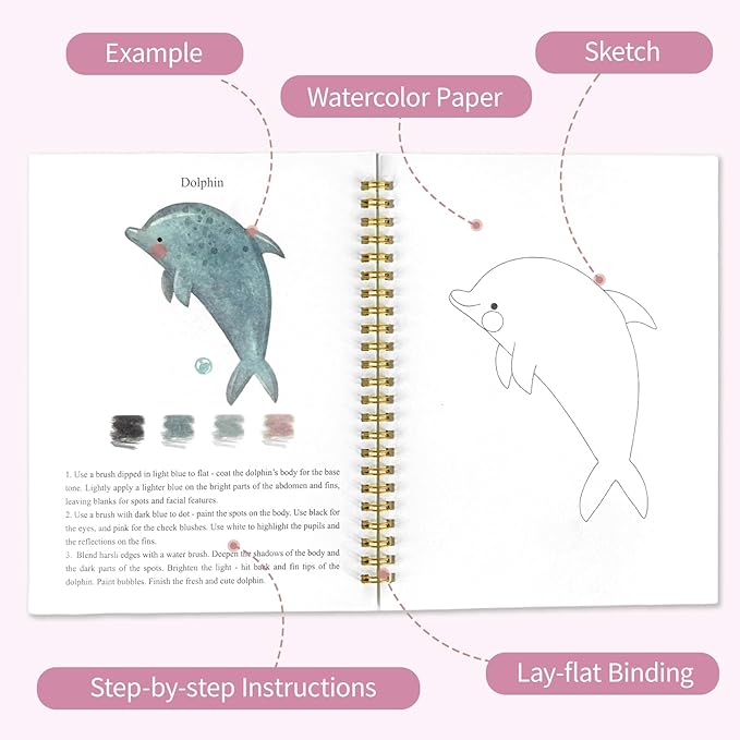 Watercolor Workbook, Watercolor Coloring Book Beginner Friendly Painting kit for Adults, 12 Colors Water Color Paint with Palette & 2 Brush, Exploration Gift (Animals)