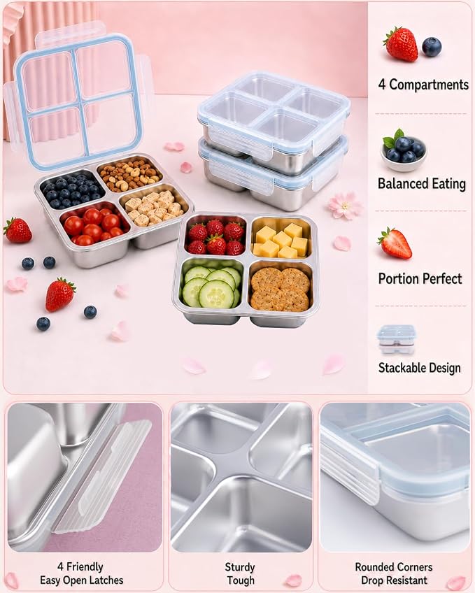 4 Pack Stainless Steel Snack Boxes, Leak-Proof, 4 Compartments, 24 Oz | Reusable, Easy Open, Food Storage & Meal Prep Containers, Dishwasher Safe, for Office, Travel, On-the-Go Snacking