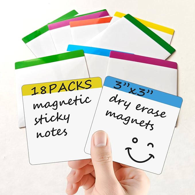 18 Packs, Washable Magnetic Dry Erase Board Labels, 3" x 3" Bangs Design Magnets White Board Notes, Sticky on Fridge, Locker, Cabinet, Door - Office & Classroom Whiteboard Accessories Supplies