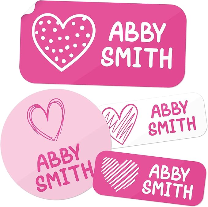 Personalized Daycare Name Labels for Kids, (130 Pack) Waterproof Custom Name Stickers for Clothing Tags, Lunch Boxes and School Supplies, Made in USA by MSC -Pink Heart