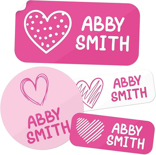 Personalized Daycare Name Labels for Kids, (130 Pack) Waterproof Custom Name Stickers for Clothing Tags, Lunch Boxes and School Supplies, Made in USA by MSC -Pink Heart