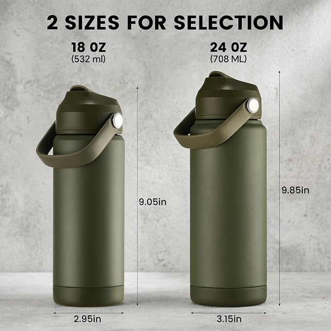 Fijinhom 24 oz Insulated Water Bottle with 2 Lids, Stainless Steel Water Bottles, Double Wall Vacuum, Portable Handle & Non-slip Bottom, BPA Free Leak Proof Metal Bottles, Keep Cold 24H, Green