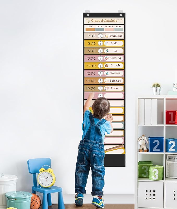 18+1 Pockets Daily Schedule Pocket Chart, Classroom Visual Schedule for Kids with 24 Double Sided Reusable Cards, Classroom Pocket Chart for Office Home Preschool Daily Use, Boho Black