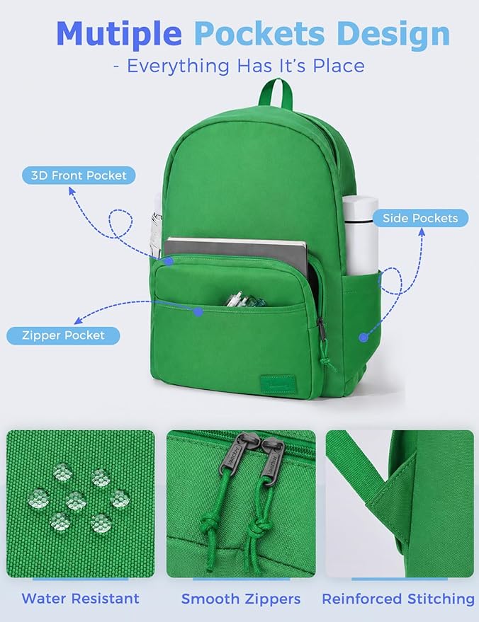 VASCHY School Backpacks, Lightweight Bookbag Schoolbag for Boys Girls Casual Basic Simple Daypack for Men Women Bright Green