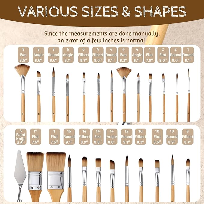 25 PCS Acrylic Paint Brush Set, Professional Paintbrushes, Expert Synthetic Nylon Bristles Paint Brush Kit with Upgraded Short Handle Wide Flat & Palette Knife for Acrylic, Oil, Watercolor, Gouache