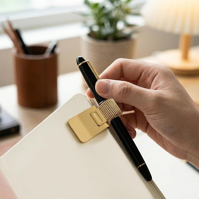 Chedin 5 Pack Gold Metal Pen Clip Holder, Portable Adjustable Spring Pen Loop Organizer for Notebook & Clipboard, Suitable for School Office, Home
