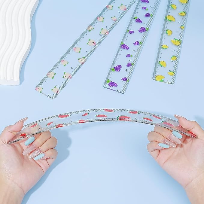 BAYTORY 4Pcs Transparent Acrylic Ruler 12 Inch, Clear Plastic Straight Rulers, Shatterproof Student Stationery Centimeters with Inches, for Classroom Essentials School Supplies (Fruit 12 Inch)