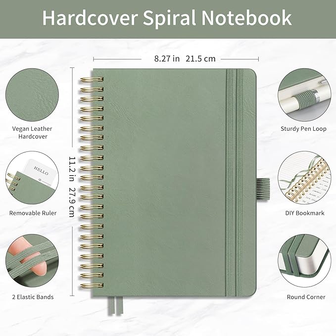 EMSHOI A4 Spiral Notebook College Ruled, Large 8.27"x11.2", Thick 300 Numbered Pages 100GSM Ink-Proof, Faux Leather Hardcover Lay-Flat Lined Journal for Work Office School Writing, Light Green
