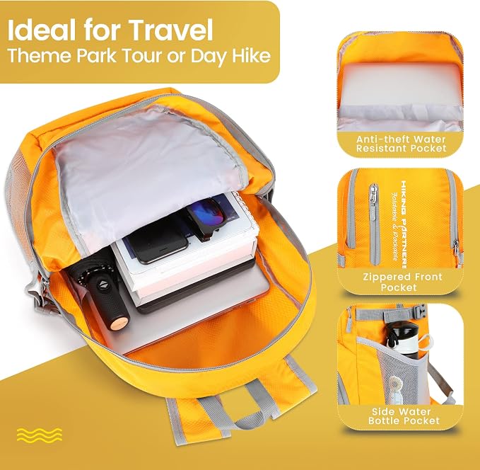 ZOMAKE Lightweight Packable Backpack - 35L Light Foldable Hiking Backpacks Water Resistant Collapsible Daypack for Travel(Yellow New) | Light Hiking Backpacks Water Resistant Collapsible Day Pack for Travel, Everyday Carry, Multi-Pocket Layout, Heavy D...