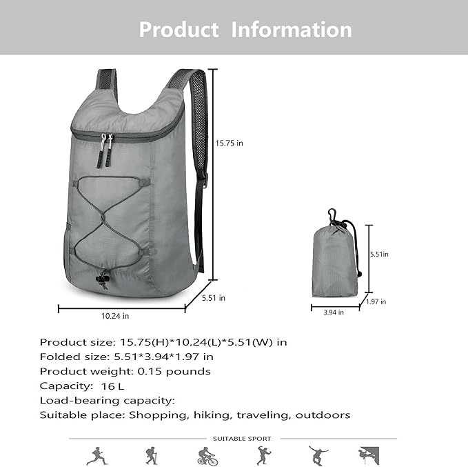 levayhill 16L Lightweight Foldable Hiking-Backpack Small Packable-Daypack For Travel,Ultralight Water-Resistant Gym Bag Men Women Easy Carry-on (Gray)