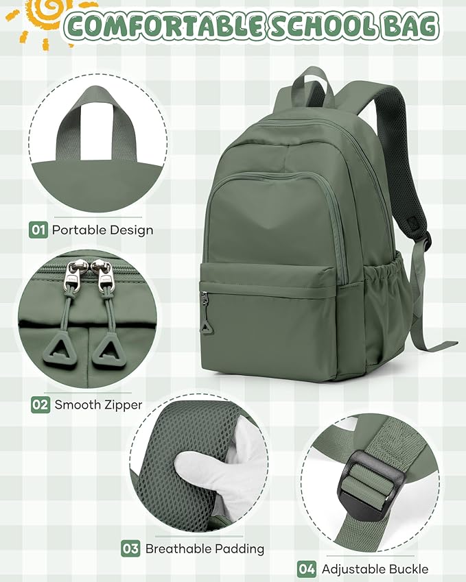 winspansy Backpack for School Teenage Girls Boys,Waterproof Lightweight School Bags Travel Daypack Simple Cute College Backpack Rucksack for Women Men fit 14 Inch Laptop,Army Green