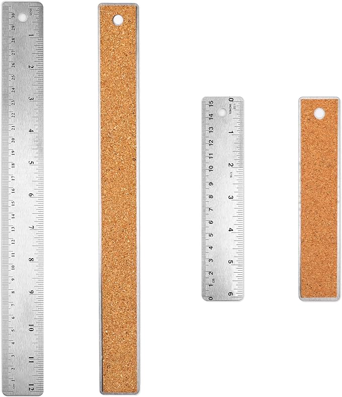 Metal Ruler Cork Backed 6 Inch 12 Inch Stainless Steel Metal Rulers with Cork Backing Non-Slip Straight Edge Ruler with Inch and Centimeters for Student School Office Drafting Tools