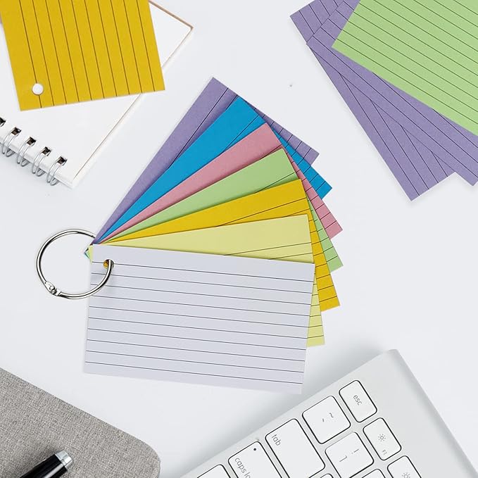 Tecmisse 600 Pieces Index Cards Rulded, Colorful Flash Cards 3 x 5 Index Card with Rings, Heavy Study Cards, Note Cards Punched for School Learning, Office and Home Uses (7-Color Thickened)