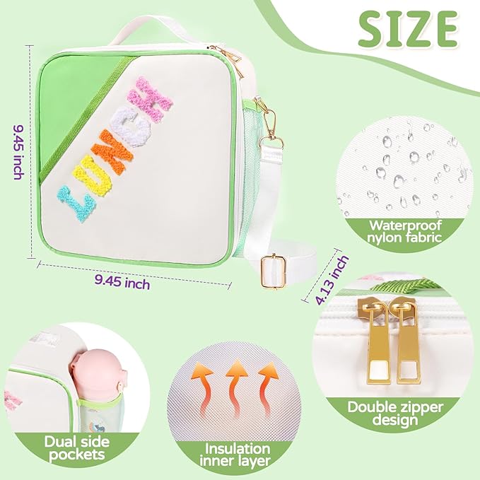 Nsrzua Lunch Bag Kids,Insulated Lunch Bag With Adjustable Shoulder Strap,Reusable Lunch Bag for Kids, Girls,Boys, lunch Bag Women,Preppy Lunch Box for School,Travel, Picnic (green)