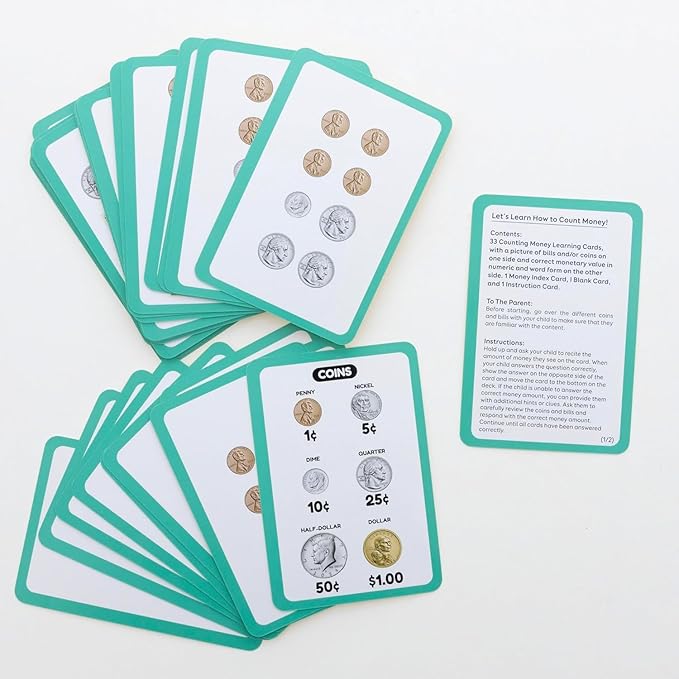 Addition and Subtraction Flash Cards Set for Parents, Educators, Self Study Math Learning Educational Cards - 35 Cards + 1 Instruction Card per Set - 2 Sets (Time & Money)