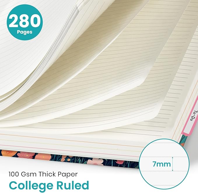 Large Lined Spiral Journal for Women Cute Hardcover 5 Subject Notebook for Work 8.5" x 11" with Removable Dividers & Tabs, College Ruled, 280 Pages Aesthetic Journal for Work, School & Note Taking, Moonlit Meadow