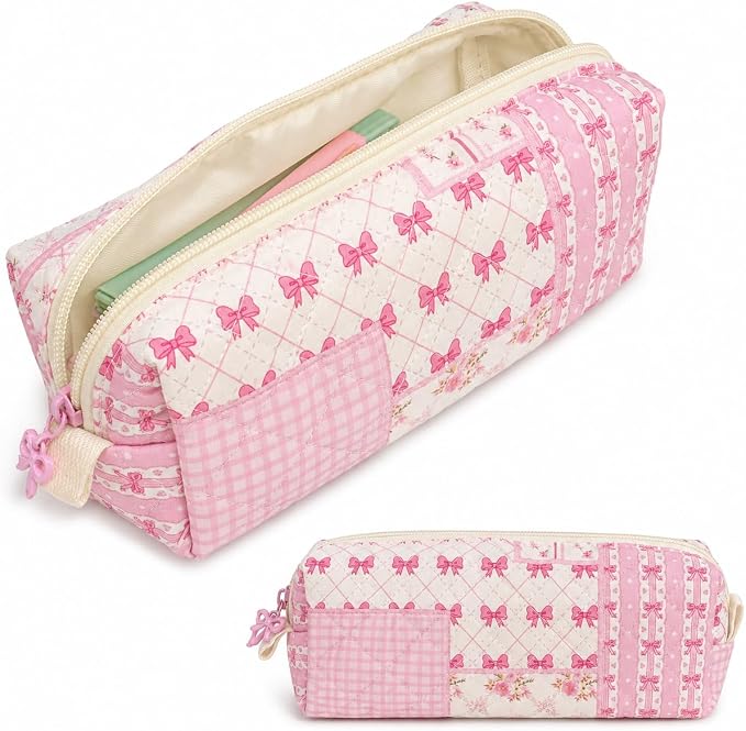 Cute Quilted Pencil Case for Women, Aesthetic Small Floral Pencil Pouch, Slim Soft Pencil Bag for Stationery Supplies & Daily Use（Pink Bow Patchwork）