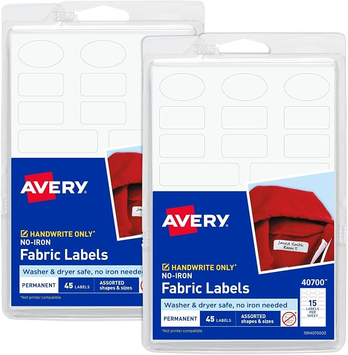 AVERY No-Iron Fabric Labels, White | Washer and Dryer-Safe | Non-Printable | Assorted Shapes | 90 Labels, Pack of 18