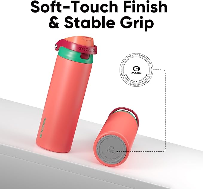 ENCOOL Leakproof Insulated Water Bottle with Straw Dual-Sip Water Bottle Bag-Safe Design for Work, Commute & Gym – Keeps Drinks Cold All Day, 24 oz, Coral Red