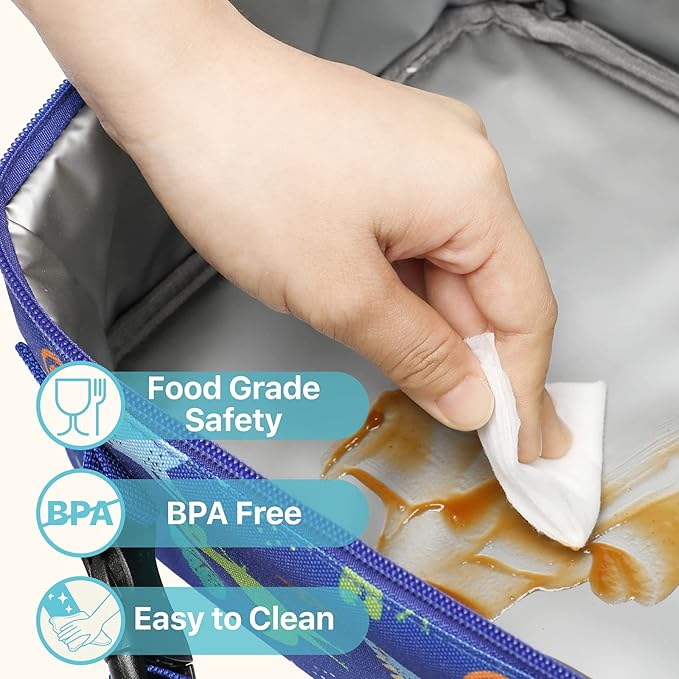Bagseri Kids Lunch Bag Boys - Thermal Insulated Lunch Box Tote with Water Bottle Holder, Reusable Leak-Proof Kids Lunch Box for Daycare & School, Blue Cute Dinosaur (Containers Not Included)