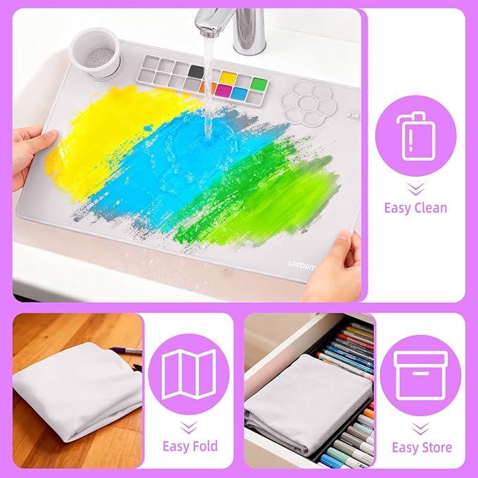 Paint Pad for Kids, Art Supplies for Kids Silicone Painting Mat, 23.6 x 15.8in Paint Mat with 3 Nylon Brushes, Art Mats for Crafts to Protect Table, Painting Pad Washable(Purple)