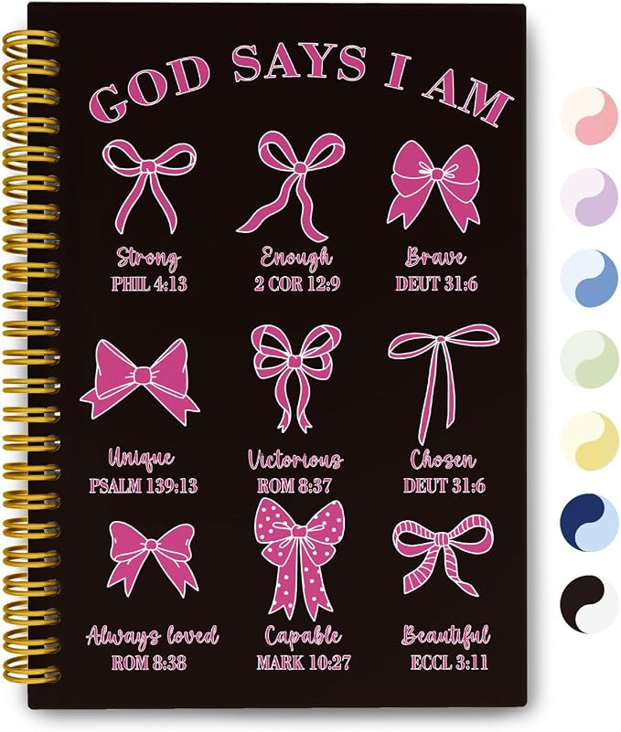 THDSE Bible Journal for Women, Christian Prayer Journal Notebook Gifts for Teen Girls Kids, Bible Study Supplies, Cute Bows Church Faith Journaling Hardcover Spiral Notebook 5.5 X 8.3(Black Pink)