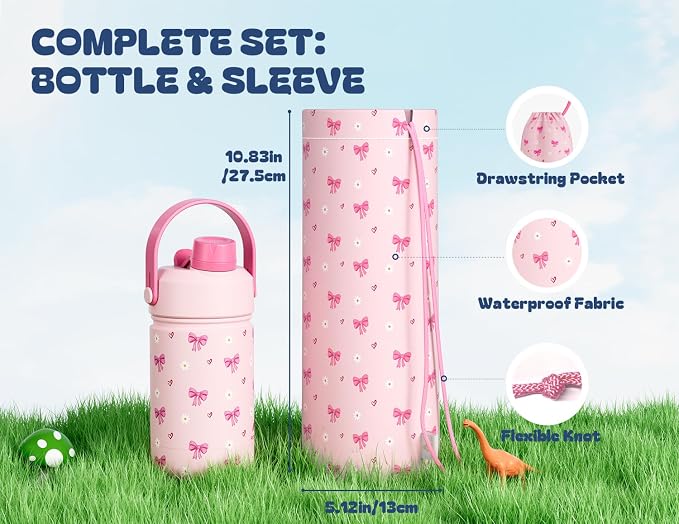 12 oz Insulated Water Bottle for Girls: 2-in-1 Straw Spout Lid, Leakproof, BPA-Free, Easy Carry, Keep Cold 24H, Cute Patterns, Kids Stainless Steel Cup for School, Travel, Holiday Gift (Bow Crush)