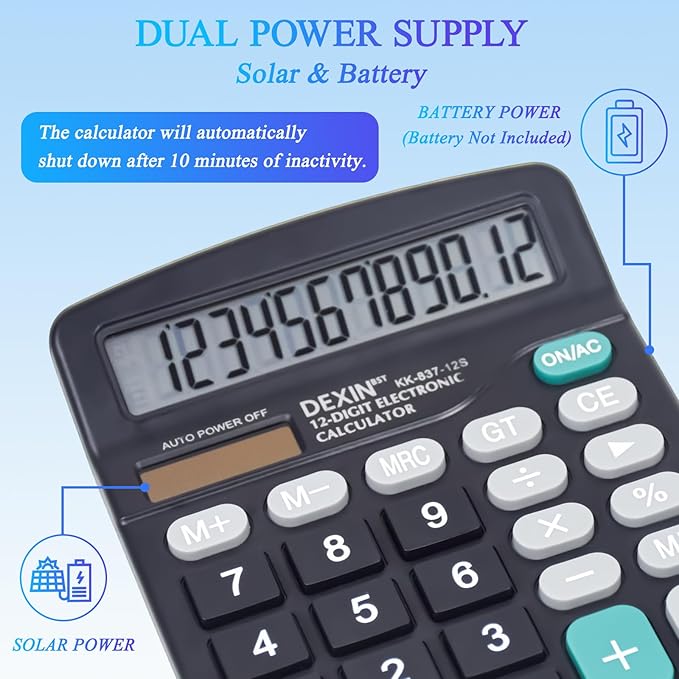 SAYEEC Desk Calculator, 12 Digit Desktop Calculator with Large LCD Display & Sensitive Button, Dual Solar Power & Battery, Standard Office Calculators Basic Function Calculators for Home School, Black