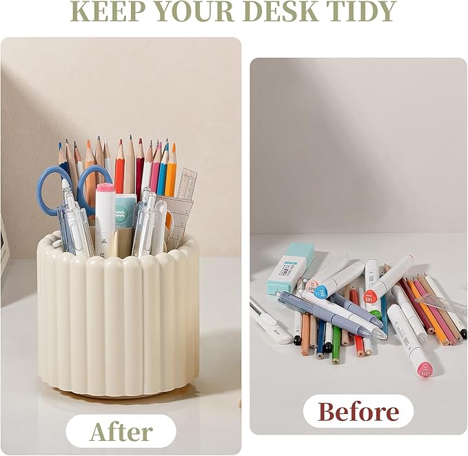 Anyoifax 360° Rotating Pen Holder 7 Slots Desk Organizer Removable Pencil Cup Plastic Art Supplies and Accessories Desktop Storage Box Caddy for Office, School, Home (Beige)