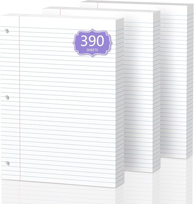 390 Sheets Loose Leaf Paper 8" x 10.5" Filler Paper College Ruled 3-Hole Punched Lined Paper Notebook Paper for 3-Ring Binders Notepad Writing Note Pads Ideal for Home, School, Office