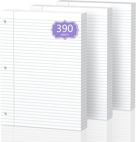 390 Sheets Loose Leaf Paper 8" x 10.5" Filler Paper College Ruled 3-Hole Punched Lined Paper Notebook Paper for 3-Ring Binders Notepad Writing Note Pads Ideal for Home, School, Office