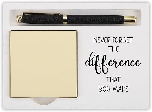 Inspirational Desk Note Holder with Never Forget The Difference That You Make Quote, White Wood Sticky Note Tray Gift for Coworkers, Teachers, Nurses, Employees, Women Men Office Decor - FTB317