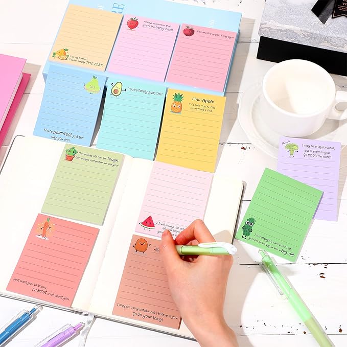 AmazingSpark 12 Pcs Cute Inspirational Sticky Notes, 4*3 Motivational Notepads Positive Emotional Support Gift Funny Lined Memo Note Pads for Office Desk Supplies Coworker Employee(Fruits,Vegetables)