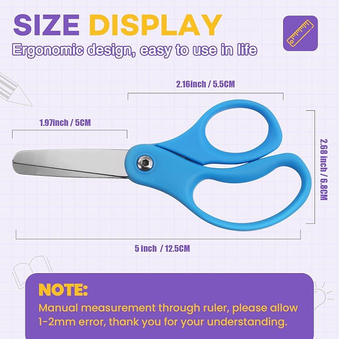 BURVAGY 10 Packs 5" Small School Student Blunt Tip Craft Kids Scissors, Stainless Steel Blades Comfort Grip 5 Inch Safety Scissors Bulk for Children Toodler Cutting Paper