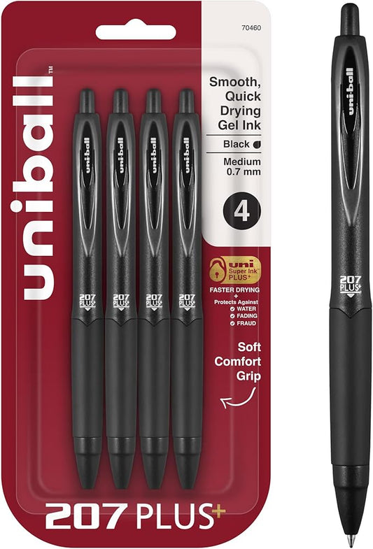 uniball 207 Plus+ Retractable Gel Pens, Medium Point (0.7mm), Black, 4 Pack