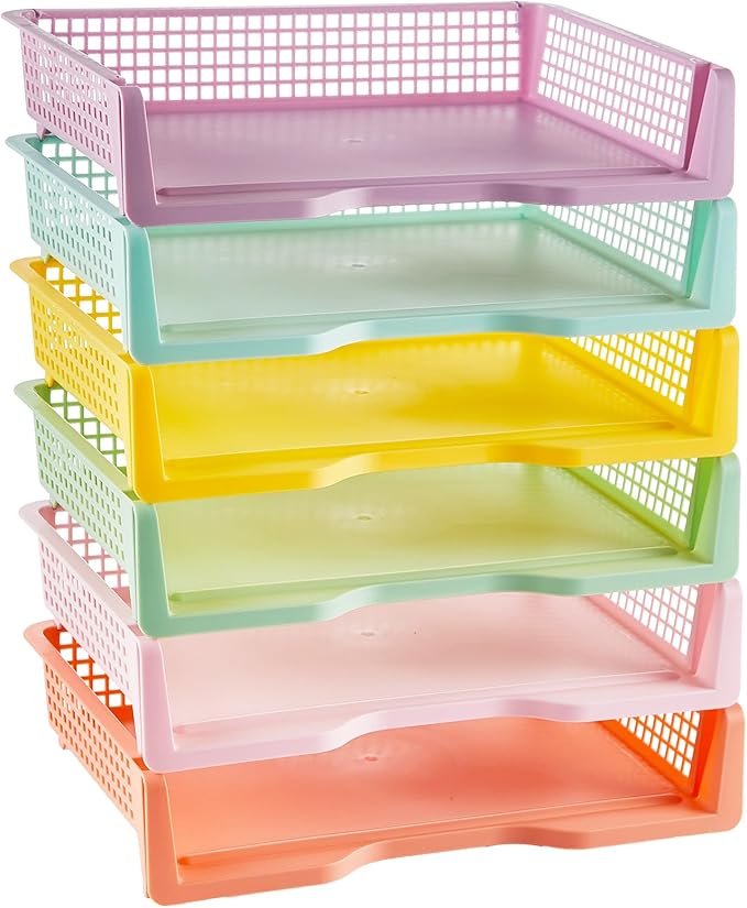gisgfim 6 Pcs Turn in Trays Classroom Pastel Paper Tray for Classroom Organization and Storage Stackable Plastic Book Baskets Turn in Bins Teacher Organizers for Library Drawers School Office Desk