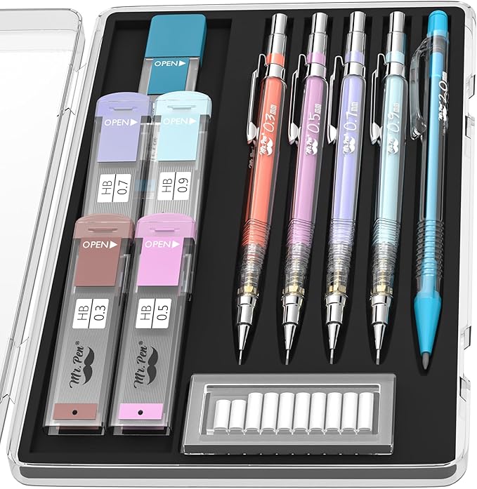 Mr. Pen- Pastel Mechanical Pencil Set, 5 Mechanical Pencils (0.3, 0.5, 0.7, 0.9, 2.0mm), 5 HB Lead Refills & 10 Eraser Refills, Precision Drawing Pencils for Sketching, Writing & Technical Artwork