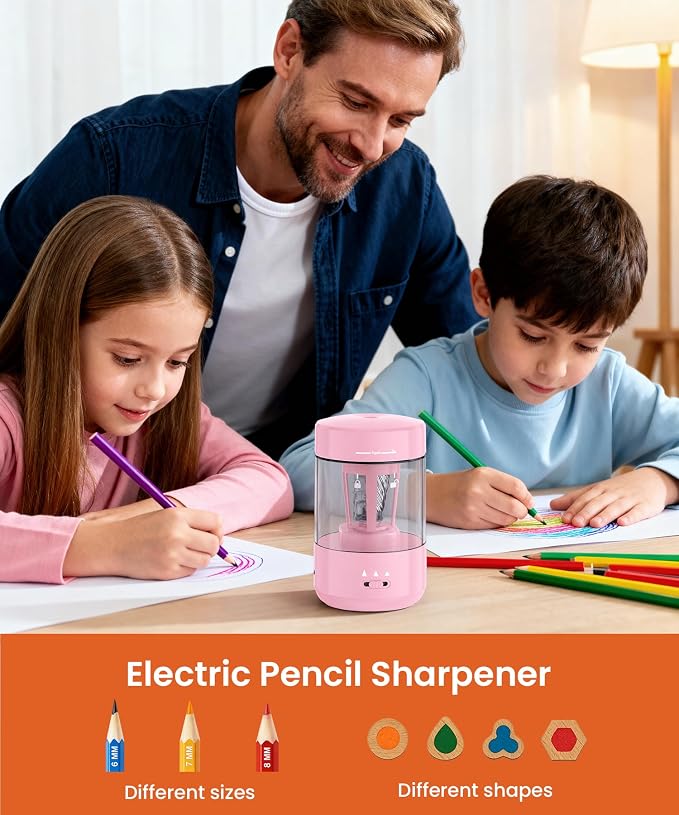 Electric Pencil Sharpener for Classroom, Fully Automatic, Light Pink