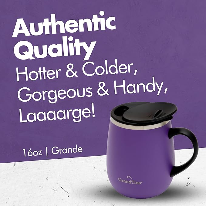 GRANDTIES Insulated Coffee Mug with Handle–Sliding Lid for Splash-Proof 16oz Wine-Glass Shape Thermal Tumbler with Double Walled Vacuum Stainless Steel to Keeps Beverages Hot or Cold-Sparkling Grape