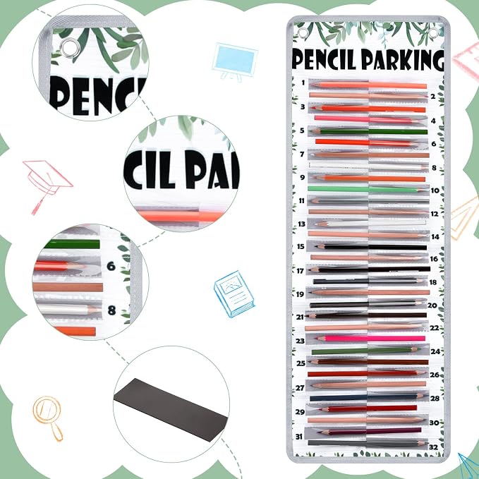 Sabary Pencil Parking Pocket for Classroom,Hanging Pencil Holder Wall Organization Numbered pencils Dispenser with Magnetic Strip Grommets for Back to School Student Essentials(Fresh)