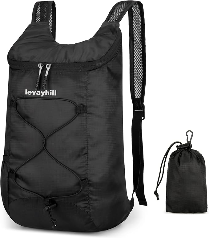 levayhill 16L Lightweight Foldable Hiking-Backpack Small Packable-Daypack For Travel,Ultralight Water-Resistant Gym Bag Men Women Easy Carry-on (Black)