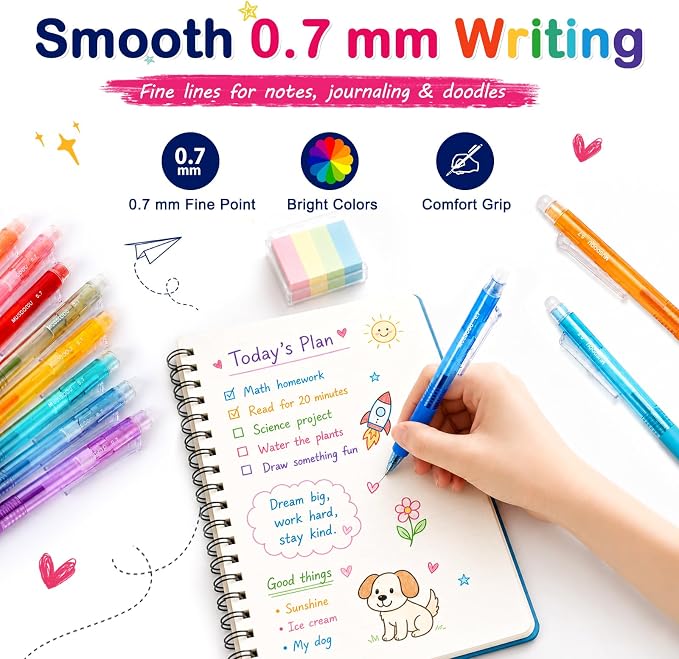 Erasable Gel Pens, 24 Assorted Colors, 0.7mm Fine Point Retractable Gel Ink Pens with Erasers, Smooth Writing Multicolor Pens for Journaling, Note Taking, Planning, Drawing and Art Projects