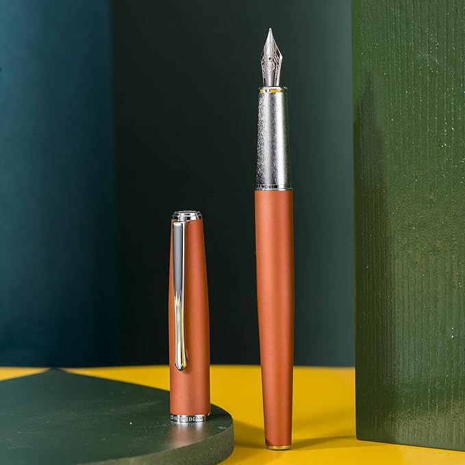 Hongdian 920 Orange Metal Fountain Pen Medium Nib Classic Pen, Includes Refillable Converter and Pen Pouch