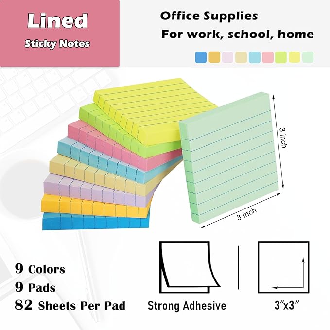 HQCME 9 Pack Lined Sticky Notes 3x3 in Post Sticky Notes with Lines, 9 Multi Colors Ruled Colorful Super Sticking Power Memon Pads, 82 Sheets/Pad