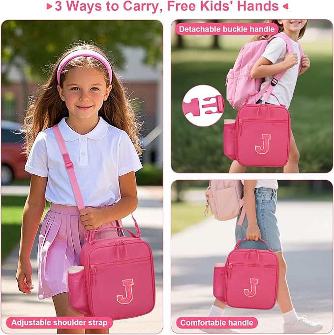 Initial Insulated Lunch Bag for Girls Kids, Back to School Gift, Reusable Leak-proof Lunch Box with Adjustable Strap for School Daycare Travel Picnic (Rosy Red,J)