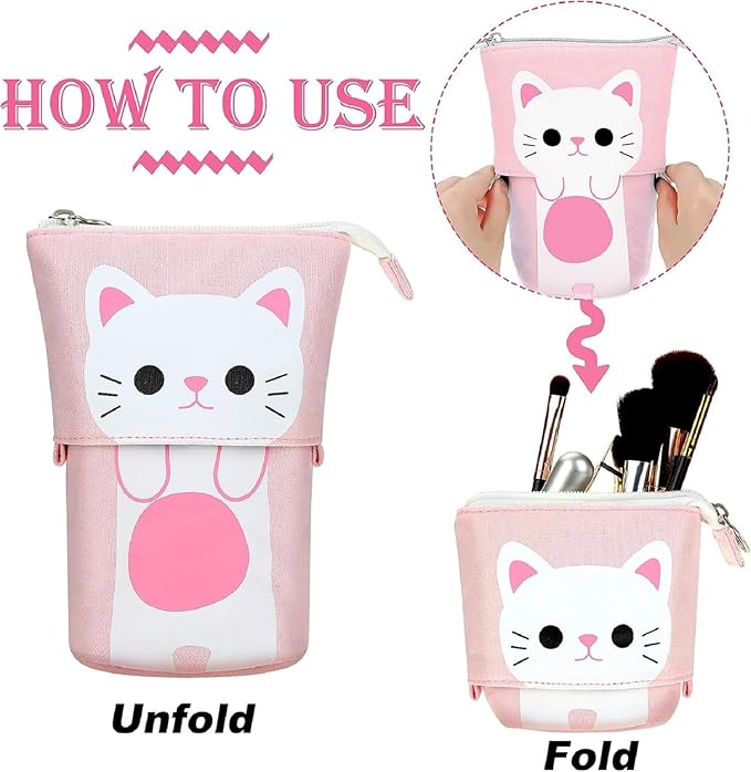 Outus 3 Pcs Standing Pencil Case Cute Stand up Pencil Pouch Telescopic Pen Holder Kawaii Stationery Pouch Makeup Cosmetics Bag for School Students Office(Gray, Black, White Cat)