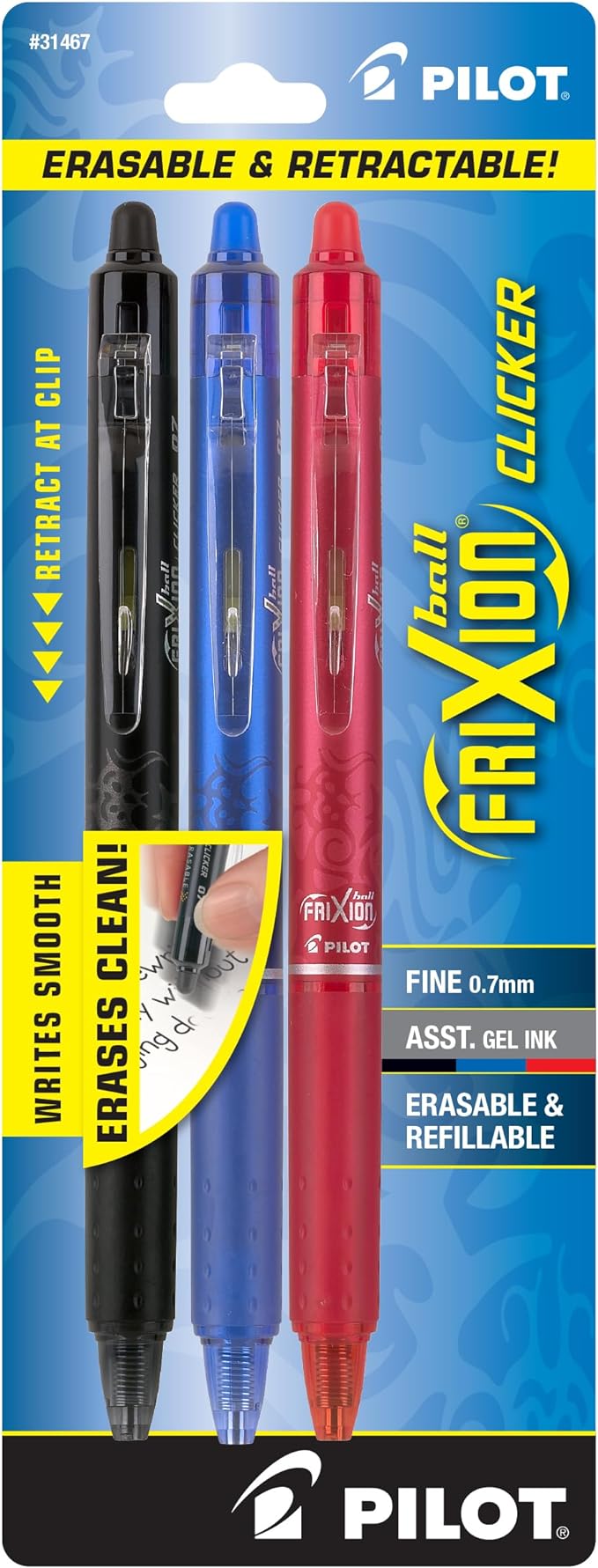 Pilot FriXion Clicker Erasable, Refillable & Retractable Gel Ink Pens Fine Point 0.7mm, Erasable Pens, Assorted Color Inks, 3-Pack